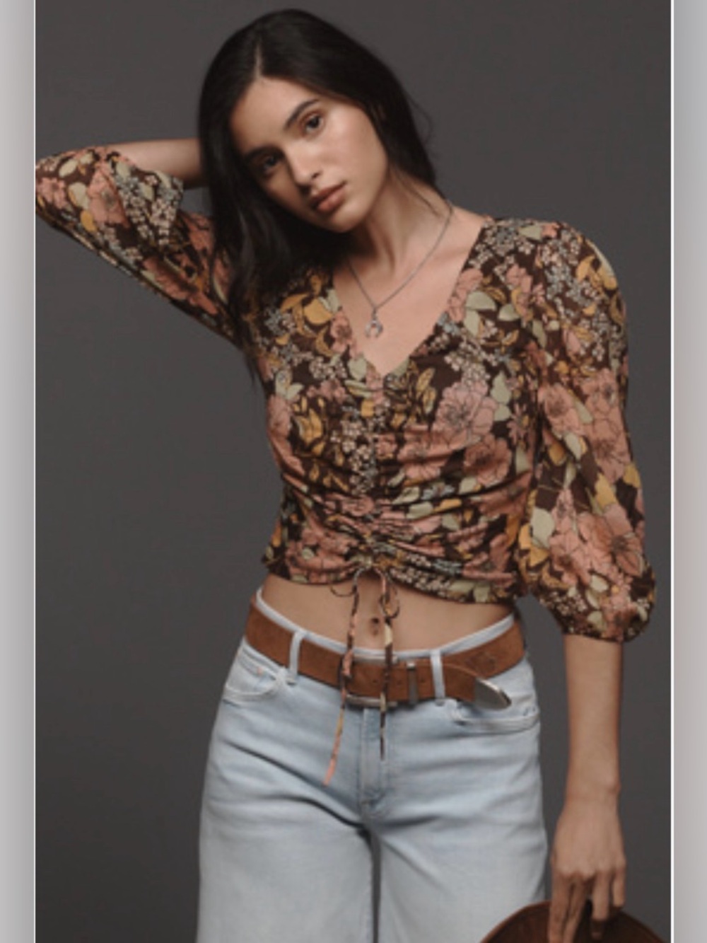 NWT MOTHER “The Cinch Top” Floral Ruched 3/4 Sleeve Ruched Front Vneck Crop Top